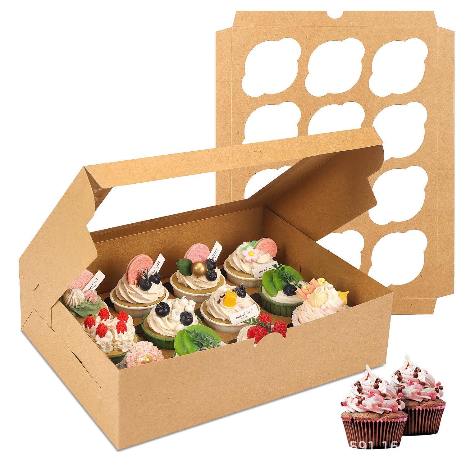 20 piece Cupcake Box 12 Cupcakes 13x10x3.5 Inch Kraft Paper with Window